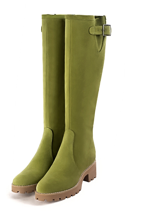 Pistachio green women's knee-high boots with buckles.. Made to measure - Florence KOOIJMAN